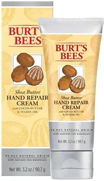 Burt's Bees shea butter hand repair cream tube with packaging, 99.04% natural origin.