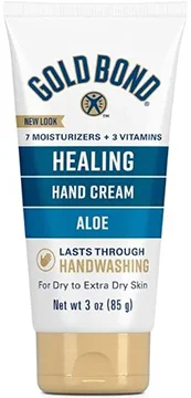 A three ounce green tube of Gold Bond Healing Hand Cream tube with Aloe, featuring a blue and gold design. Claims to last through handwashing.