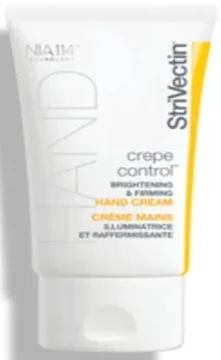 A two ounce white and yellow tube of volumizing StriVectin Crepe Control hand cream, featuring text highlighting its brightening and firming properties.